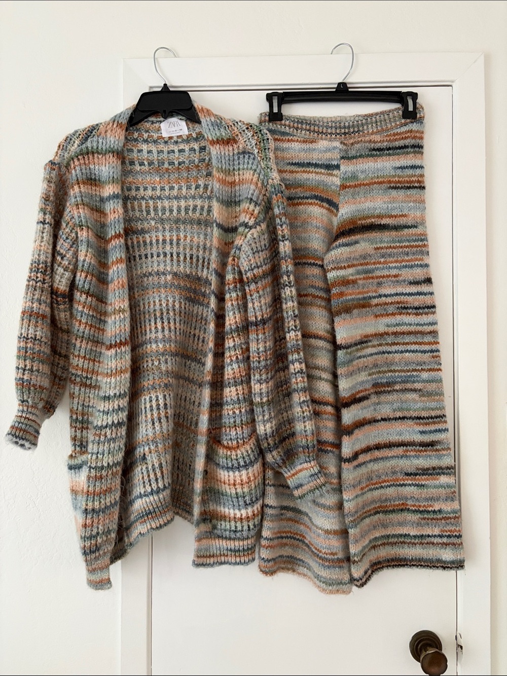 Zara Multicolor Striped Knit Cardigan & Pant Set - Cream, Tan, Blue